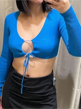 Zara Teal Ribbed Tie-Front V-Neck Cropped Sweater
